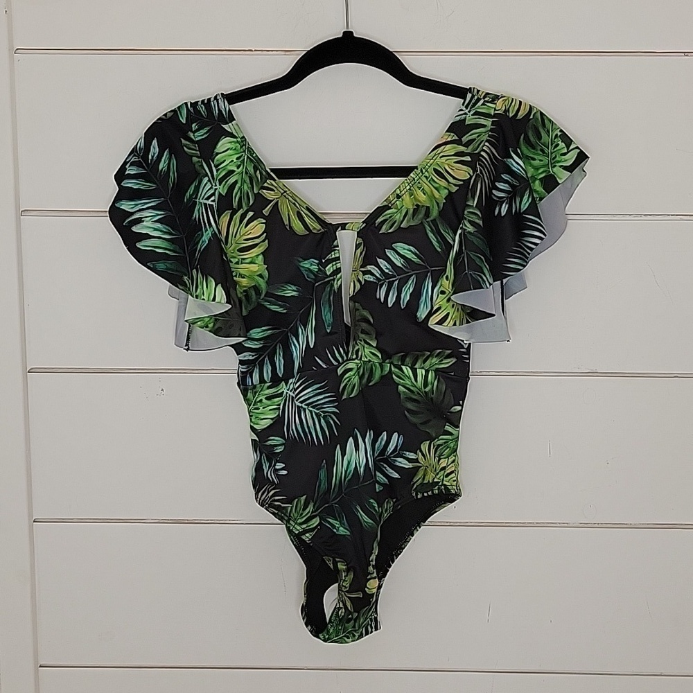 NWT Cacelin one piece swimsuit black with palm leaves
